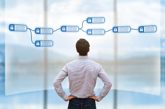 Person looking at blockchain concept on screen, cryptocurrency, business, fintech