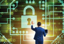 Man in digital security concept pressing button