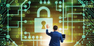 Man in digital security concept pressing button