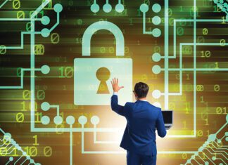 Man in digital security concept pressing button