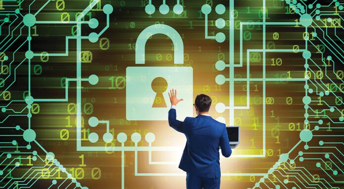 Man in digital security concept pressing button Man in digital security concept pressing button